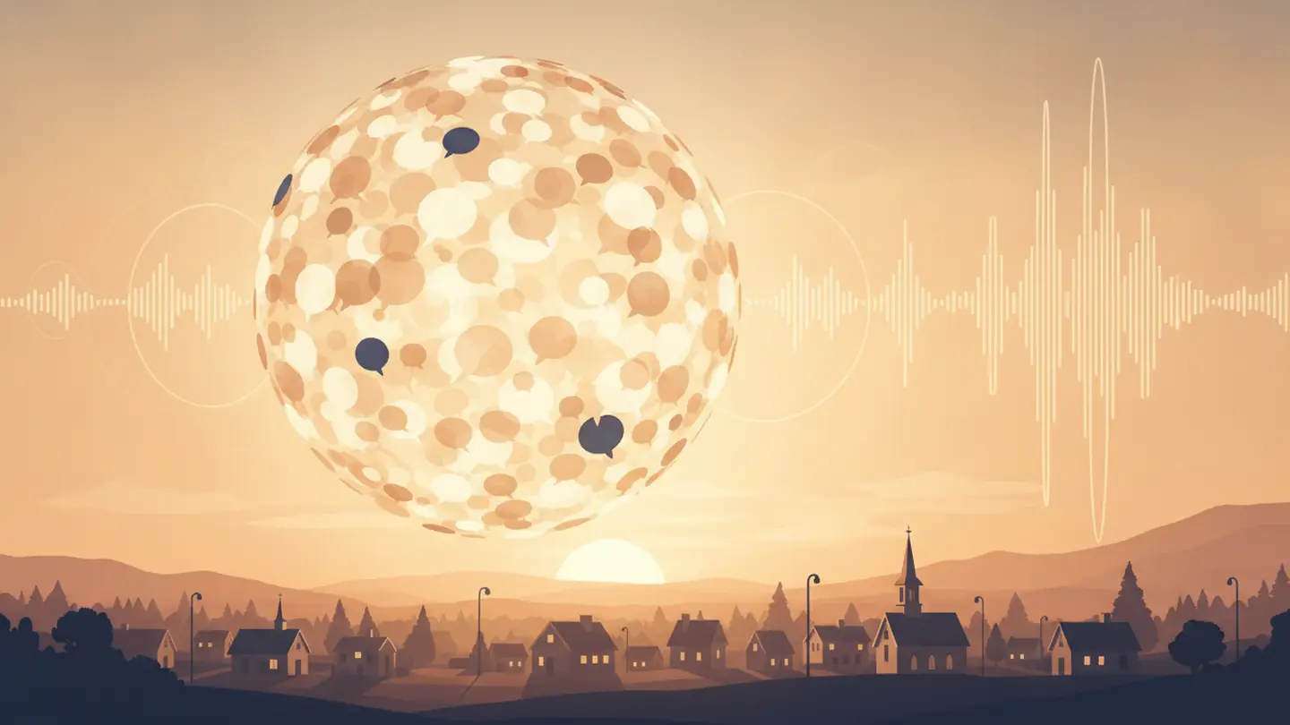 A globe of speech bubbles over an American town