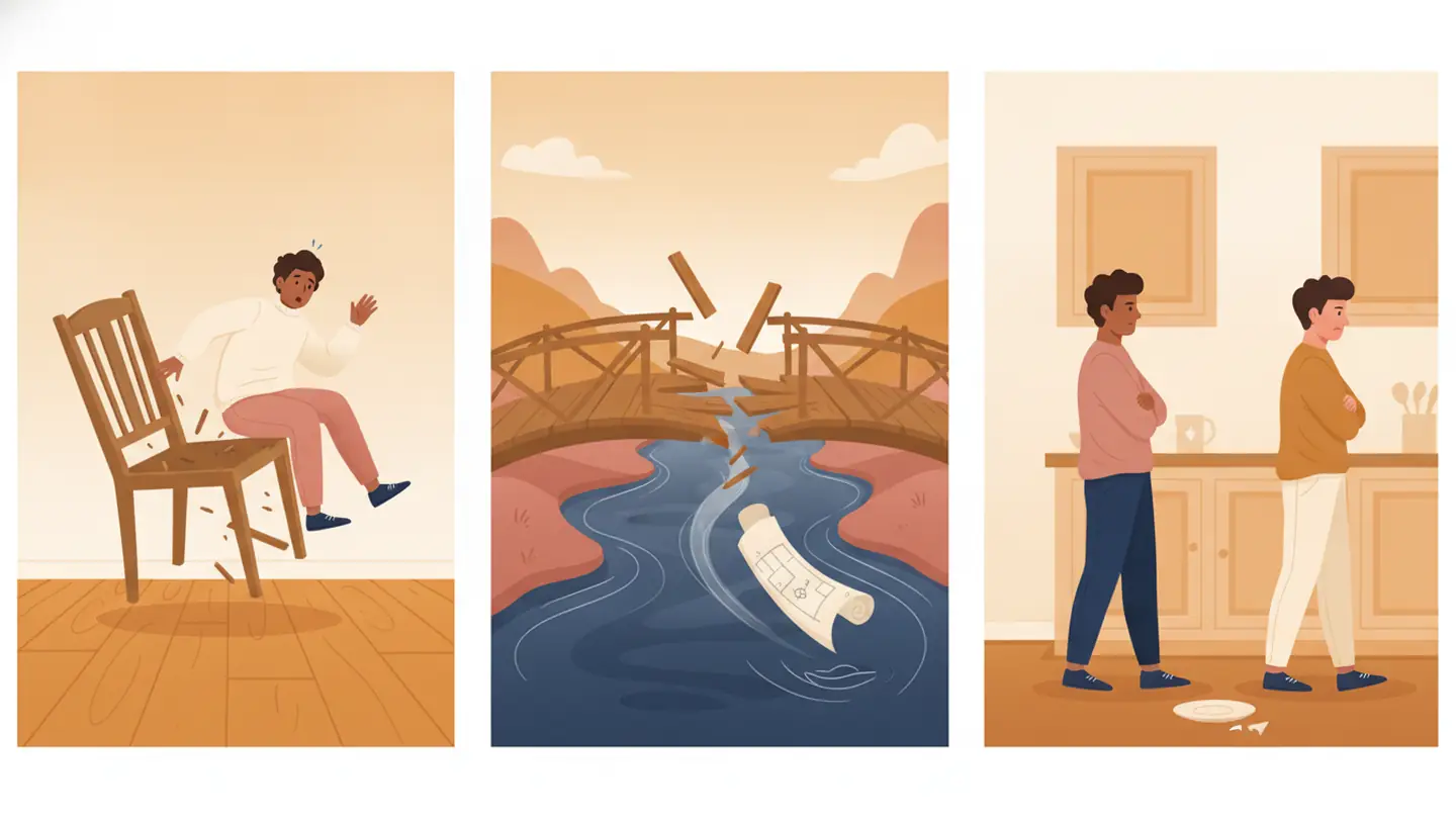 fall apart, fall through, fall out: three scenes side by side