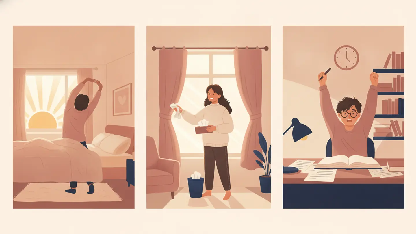get up, get over, get through: three scenes side by side