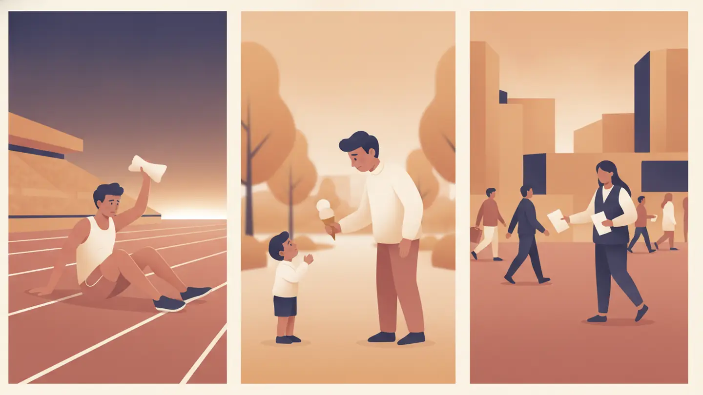 give up, give in, give out: three scenes side by side
