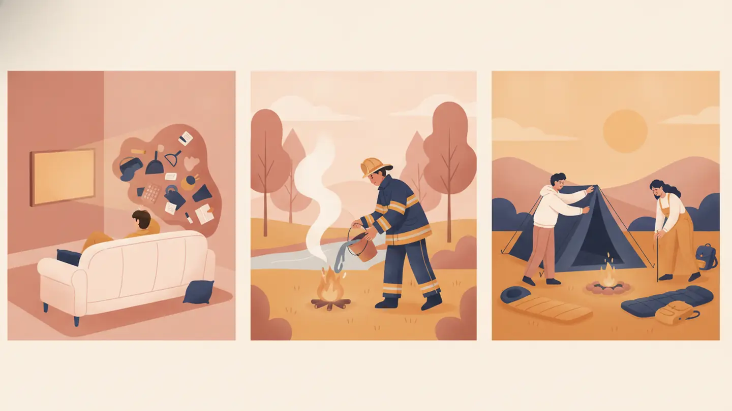 put off, put out, put up: three scenes side by side