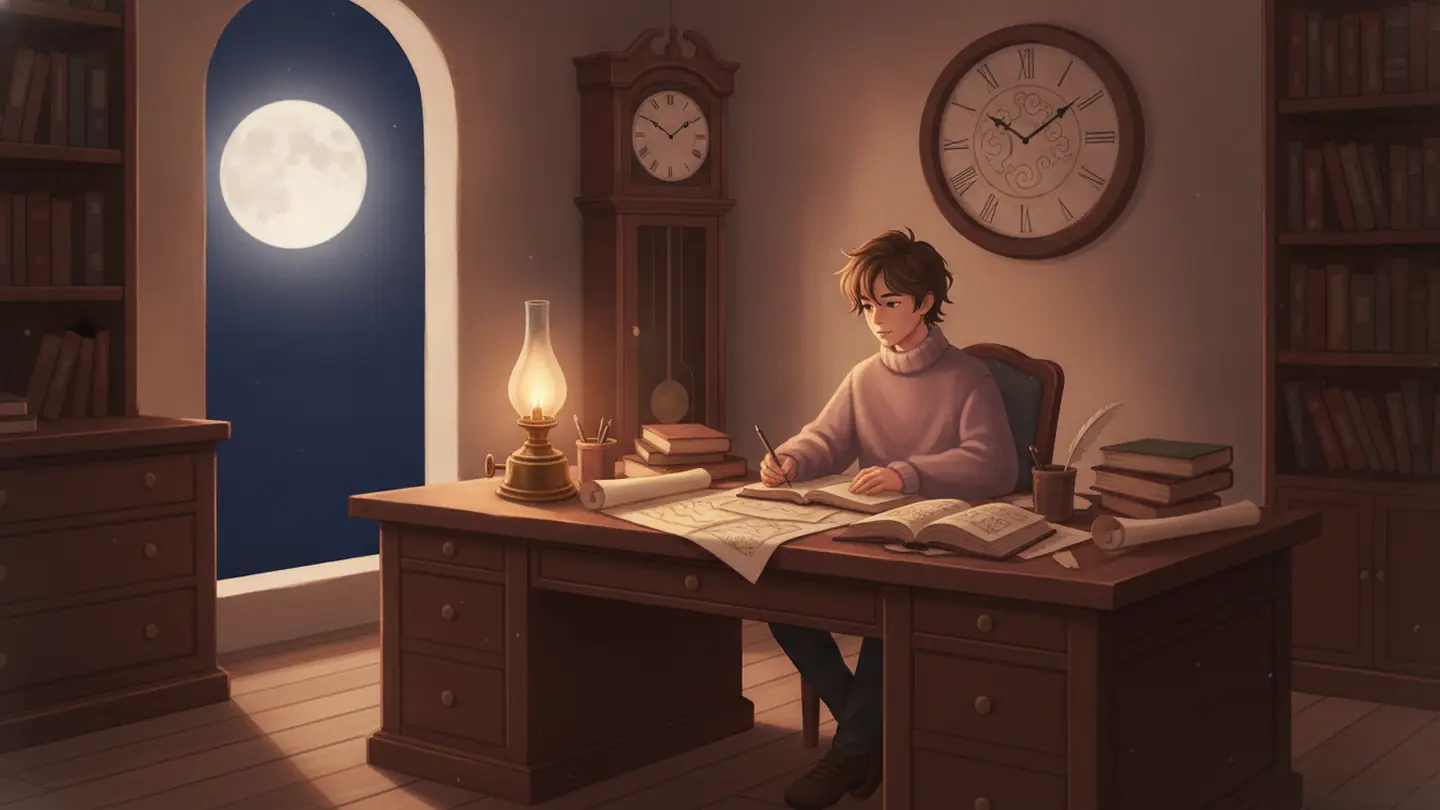 "burning the midnight oil", drawn literally