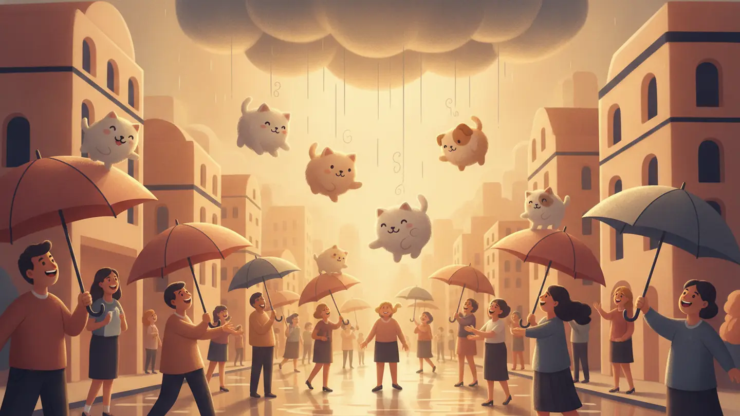 "raining cats and dogs", drawn literally